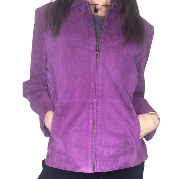 Vintage 90's Y2K Suede Leather Jacket Womens L Purple Retro Grunge Casual Preppy - Picture 2 of 7